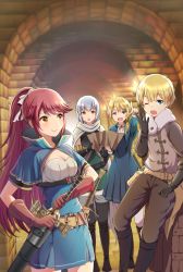 Rule 34 | 1boy, 3girls, belt, blonde hair, blue eyes, boots, capelet, commentary, dungeon, fantasy, fingerless gloves, gloves, indoors, long hair, map, multiple girls, one eye closed, original, pointing, ponytail, red hair, scabbard, sheath, sheathed, short hair, silver hair, sword, thigh boots, thighhighs, weapon, yatomi, yawning, yellow eyes