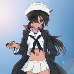 Rule 34 | 10s, 1girl, akagi (fmttps), black coat, black eyes, black hair, black neckerchief, blouse, bow, closed mouth, coat, commentary, cowboy shot, dark-skinned female, dark skin, dixie cup hat, eyes visible through hair, girls und panzer, hair bow, hair over one eye, hand in pocket, hat, hat feather, head tilt, holding, lens flare, long hair, long sleeves, looking at viewer, midriff, military hat, miniskirt, navel, neckerchief, ogin (girls und panzer), ooarai naval school uniform, open clothes, open coat, pleated skirt, ponytail, red bow, sailor, sailor collar, school uniform, shirt, skirt, smile, smoking pipe, solo, standing, white hat, white shirt, white skirt