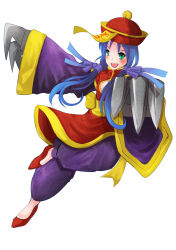 Rule 34 | 1girl, alternate costume, axley, blue hair, chinese clothes, claws, cleavage cutout, clothing cutout, cosplay, green eyes, halloween, hat, jiangshi, kantai collection, lei lei, lei lei (cosplay), red footwear, solo, suzukaze (kancolle), vampire (game), white background