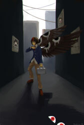 Rule 34 | 1other, alley, androgynous, asteris-kitsy, blue jacket, briefcase, brown footwear, brown hair, brown pants, brown wings, chromatic aberration, cine hamal, closed mouth, collared shirt, commentary, english commentary, enraku tsubakura, feathered wings, film grain, headpiece, highres, holding, holding briefcase, houlen yabusame, jacket, kokutenshi hibaru, kuzu suzumi, len&#039;en, long sleeves, missing poster, necktie, other focus, outdoors, pants, red eyes, red headwear, red necktie, shirt, short hair, socks, solo, watch, white shirt, white socks, wings, wristwatch