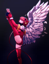 Rule 34 | 1girl, 2049 (hh5566), absurdres, angel wings, angelic layer, ass, battle damage, elbow gloves, feathers, gloves, hand on own foot, headgear, highres, hikaru (angelic layer), leotard, looking up, open mouth, pink hair, red gloves, red leotard, red thighhighs, short hair, solo, standing, standing on one leg, thighhighs, torn footwear, white feathers, white wings, wings