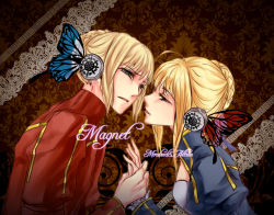 Rule 34 | 2girls, ahoge, artoria pendragon (all), artoria pendragon (fate), blonde hair, braid, bug, butterfly, dress, face-to-face, fate/apocrypha, fate/stay night, fate (series), french braid, green eyes, hair bun, hair up, half-closed eyes, headphones, highres, holding hands, imminent kiss, incest, insect, magnet (vocaloid), mordred (fate), mordred (fate/apocrypha), mother and daughter, multiple girls, parody, parted lips, reverse trap, saber (fate), short hair, silangwan, single hair bun, vocaloid, yuri