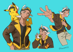 Rule 34 | 1boy, belt, belt buckle, black shirt, brown belt, brown jacket, buckle, burger, captain pikachu, clothed pokemon, commentary request, creatures (company), eating, food, friede (pokemon), game freak, gen 1 pokemon, goggles, goggles on head, green background, grin, hand up, highres, jacket, long sleeves, male focus, nintendo, on shoulder, open clothes, open jacket, pants, pikachu, pokemon, pokemon (anime), pokemon (creature), pokemon horizons, pokemon on shoulder, shirt, smile, teeth, tomatomi