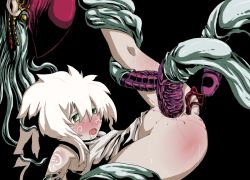 Rule 34 | 1girl, anal, blood, breasts, double penetration, empty eyes, green eyes, large insertion, monster, multiple penetration, rape, restrained, saliva, shirt, small breasts, tattoo, tears, tentacles, vaginal, defloration, white hair, zapan