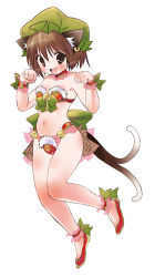 Rule 34 | 1girl, animal ears, ankle cuffs, bell, bikini, brown hair, cat ears, cat girl, cat tail, chen, choker, dei shirou, earrings, female focus, full body, hat, jewelry, multiple tails, navel, paw pose, short hair, simple background, solo, swimsuit, tail, touhou, white background, wrist cuffs