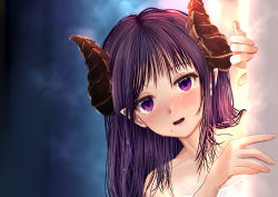 Rule 34 | 1girl, nanashi inc., :d, blush, collarbone, dc24v, hair between eyes, honey strap, horns, leaning to the side, long hair, looking at viewer, mole, mole under eye, open mouth, pointy ears, purple eyes, purple hair, saionji mary, smile, solo, steam, virtual youtuber, wet, wet hair
