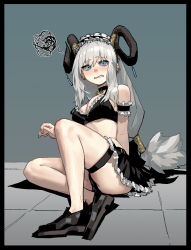 Rule 34 | 1girl, absurdres, alternate costume, bikini, black bikini, black border, black choker, black footwear, black skirt, blue eyes, blush, border, breasts, choker, curled horns, d:, earrings, embarrassed, enmaided, gogalking, grey hair, highres, horn ornament, horn ring, horns, jewelry, leaning back, long hair, looking at viewer, low-tied long hair, maid, maid bikini, maid headdress, medium breasts, open mouth, original, sheep girl (gogalking), sheep horns, shoes, sitting, skindentation, skirt, solo, squiggle, swimsuit, thigh strap, unconventional maid