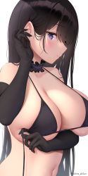 Rule 34 | 1girl, adjusting hair, akira shiun, arm under breasts, bikini, black bikini, black gloves, black hair, blush, breasts, cleavage, closed mouth, commentary request, elbow gloves, from side, gloves, hair over one eye, hand up, highres, large breasts, long hair, looking at viewer, looking to the side, navel, original, parted lips, profile, purple eyes, simple background, skindentation, solo, swimsuit, twitter username, underboob, untied bikini, upper body, white background