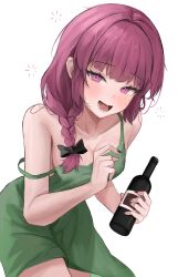 Rule 34 | 1girl, absurdres, bare shoulders, black bow, black nails, blush, bocchi the rock!, bottle, bow, braid, breasts, collarbone, dress, drunk, green dress, hair bow, hair over shoulder, highres, hiroi kikuri, hoangryu, holding, holding bottle, leaning forward, long hair, looking at viewer, low-braided long hair, low-tied long hair, medium breasts, open mouth, purple eyes, purple hair, sharp teeth, simple background, single braid, smile, solo, squeans, strap slip, teeth, white background
