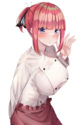 Rule 34 | 1girl, absurdres, alternate costume, alternate hairstyle, apron, arm behind back, black ribbon, blue eyes, blush, breasts, butterfly hair ornament, chef, eyebrows hidden by hair, frilled apron, frills, go-toubun no hanayome, hair ornament, hand up, highres, large breasts, looking at viewer, nakano nino, pink hair, ponytail, raised eyebrows, red apron, ribbon, sidelocks, simple background, solo, white background, yuunamida uyu