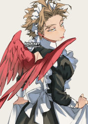 Rule 34 | 1boy, apron, blonde hair, boku no hero academia, costume, ear piercing, earrings, facial hair, facial mark, feathered wings, feathers, forked eyebrows, from behind, goatee, hawks (boku no hero academia), jewelry, kadeart, looking at viewer, maid, maid apron, maid headdress, male focus, piercing, red feathers, red wings, short hair, solo, stubble, stud earrings, tongue, tongue out, twitter username, wings, yellow eyes
