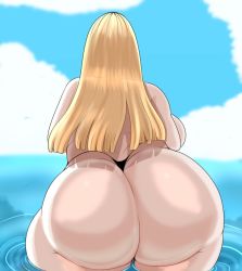 Rule 34 | 1girl, absurdres, ass, back, backboob, blonde hair, breasts, creatures (company), curvy, fladdykin, from behind, game freak, highres, huge ass, huge breasts, long hair, nintendo, oleana (pokemon), partially submerged, pokemon, pokemon swsh, sky, solo, thick thighs, thighs, thong, water, wide hips
