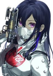 Rule 34 | 1girl, apex legends, arm up, b3 wingman, black hair, black nails, bodysuit, closed mouth, commentary, cosplay, covered mouth, english commentary, gun, hand up, handgun, highres, hisui ill, holding, holding gun, holding weapon, ichinose uruha, long hair, looking at viewer, lupinus virtual games, mask, multicolored hair, nail polish, pistol, purple eyes, quarantine 722 wraith, simple background, solo, streaked hair, upper body, virtual youtuber, vspo!, weapon, white background, white bodysuit, wraith (apex legends), wraith (apex legends) (cosplay)