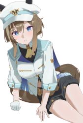 Rule 34 | 1girl, absurdres, animal ears, arm support, ascot, asobi nin, black shorts, blue eyes, brown hair, cheval grand (umamusume), gloves, hat, highres, horse ears, horse girl, horse tail, light blush, midriff peek, multicolored hair, open mouth, peaked cap, shirt, shorts, simple background, single glove, sleeves past elbows, solo, streaked hair, tail, thighs, umamusume, white background, white gloves, white hair, white shirt, yellow ascot