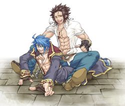 Rule 34 | 2boys, abs, ahoge, belt, black coat, blacksmith (ragnarok online), blue hair, blue pants, brown belt, brown footwear, brown gloves, brown pants, choker, coat, commentary request, cross, cross choker, cross necklace, fingerless gloves, full body, glasses, gloves, green eyes, heterochromia, inverted cross, jewelry, long sleeves, looking at viewer, male focus, medium hair, multicolored coat, multiple boys, muscular, muscular male, necklace, open clothes, open coat, open mouth, open shirt, pants, priest (ragnarok online), ragnarok online, red coat, red eyes, rouko605, shirt, shoes, short hair, short sleeves, sitting, sitting on person, smile, tongue, tongue out, two-tone coat, white shirt, yellow eyes