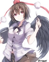 Rule 34 | 1girl, black wings, blush, bow, breasts, brown hair, cleavage, colorized, hat, looking at viewer, nib pen (object), notebook, pen, pom pom (clothes), puffy sleeves, red eyes, shameimaru aya, shirt, short hair, short sleeves, simple background, sketch, skirt, smile, solo, string, tokin hat, touhou, twitter username, upper body, white background, wings, wowoguni