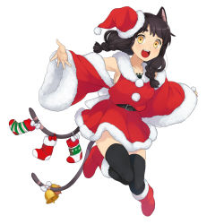 Rule 34 | 1girl, animal ears, artist request, bell, boots, braid, cat ears, cat tail, character request, christmas, christmas stocking, full body, fur trim, hat, highres, long hair, multiple tails, nekomata (youkai hyakki-tan!), official art, open mouth, santa costume, santa hat, simple background, solo, tail, tattoo, thighhighs, white background, yellow eyes, youkai hyakki-tan!