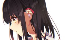 Rule 34 | 1girl, black hair, brown eyes, chromatic aberration, collared shirt, commentary request, earbuds, earphones, from side, hair between eyes, highres, long hair, mamyouda, original, parted lips, portrait, profile, school uniform, shirt, signature, simple background, solo, white background, white shirt