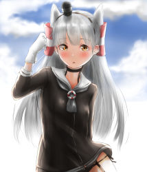 Rule 34 | 1girl, amatsukaze (kancolle), black panties, blush, breasts, cloud, cloudy sky, gloves, grey hair, highres, kantai collection, lifebuoy, long hair, looking at viewer, neckerchief, open mouth, panties, school uniform, serafuku, sky, small breasts, solo, swim ring, tama (tamago), twintails, two side up, underwear, white gloves, yellow eyes