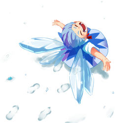 Rule 34 | 1girl, bad id, bad pixiv id, blue dress, blue hair, cirno, closed eyes, detached wings, dress, footprints, from above, ice, ice wings, shikushiku (amamori weekly), smile, snow, snowflakes, snowing, solo, touhou, wings