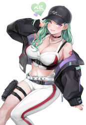 1girl absurdres asymmetrical_clothes asymmetrical_legwear asymmetrical_pants baseball_cap belt black_choker black_jacket bra_strap breasts bustier choker cleavage dated ear_piercing earrings fishnet_pantyhose fishnets green_hair gun handgun hat heart heart_belt highres holster holstered jacket jewelry large_breasts machi_(machi333) midriff mole mole_on_breast multicolored_hair multiple_necklaces nail_polish navel necklace off_shoulder open_clothes open_jacket pants pantyhose pierced_hat piercing purple_eyes red_nails shoulder_tattoo simple_background single_pantsleg solo streaked_hair stud_earrings tattoo thigh_holster virtual_youtuber vspo! weapon white_background white_bustier white_pants yakumo_beni yakumo_beni_(4th_costume)