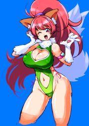 Rule 34 | 1girl, animal ears, bare legs, bare shoulders, breasts, cat ears, cat girl, cleavage, cleavage cutout, clothing cutout, curvy, female focus, highleg, highleg leotard, highres, large breasts, leotard, long hair, looking at viewer, one eye closed, partially visible vulva, paw print, perisie (star ocean), pink hair, ponytail, red eyes, ryoi, shiny skin, simple background, smile, solo, star ocean, star ocean first departure, thick thighs, thighs, thong leotard, upper body, very long hair, wink
