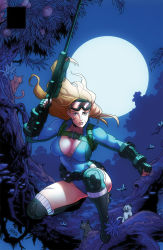 Rule 34 | 1girl, alternate costume, alternate hair length, alternate hairstyle, backpack, bag, blonde hair, blue eyes, blue leotard, bodysuit, boots, breasts, cammy white, camouflage, capcom, cat, cleavage, clenched hand, commentary, cover, cover page, curvy, facepaint, female focus, fingerless gloves, floating hair, full moon, gloves, goggles, goggles on head, gun, hair down, highleg, highleg leotard, highres, jungle, knee pads, large breasts, leotard, lips, long sleeves, moon, nature, no bra, on one knee, parody, rifle, robaato, scar, scope, serious, shanna the she-devil, sniper rifle, solo, street fighter, street fighter v, toned, too many, too many cats, unzipped, weapon