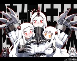 Rule 34 | 2015, 5girls, abyssal ship, airfield princess, blush, breast envy, breasts, claws, colored skin, commentary request, copyright name, dated, dress, gloves, glowing, glowing eyes, horns, isolated island oni, kantai collection, large breasts, letterboxed, long hair, midway princess, mittens, multiple girls, new year, northern ocean princess, oso (toolate), pale skin, red eyes, seaport princess, shaded face, single horn, white dress, white gloves, white hair, white mittens, white skin, yellow eyes