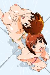 Rule 34 | 2girls, arm between breasts, ass, barefoot, between breasts, bikini, bikini bottom only, blush stickers, breasts, brown eyes, brown hair, butt crack, downpants, flat chest, from above, inverted nipples, kayama tamami, large breasts, looking at viewer, looking up, multiple girls, nipples, official art, open mouth, pink bikini, short hair, showering, side-tie bikini bottom, squatting, standing, super real mahjong, swimsuit, tanaka ryou, topless, toyohara etsuko, undressing, water, yellow bikini