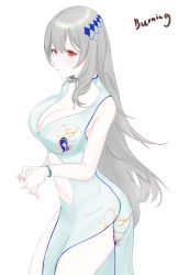 Rule 34 | 1girl, absurdres, aqua dress, artist name, azur lane, blush, bracelet, breasts, china dress, chinese clothes, cleavage, closed mouth, dress, from side, grey hair, highres, jewelry, large breasts, long hair, looking at viewer, navel, red eyes, saint-louis (alluring administrator) (azur lane), saint-louis (azur lane), solo, standing, white background, xiao huanggua