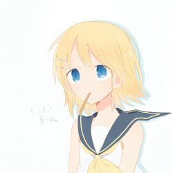 Rule 34 | 1girl, blonde hair, blue eyes, bow, check translation, food in mouth, highres, kagamine rin, oboro 0x0, pocky, pocky in mouth, sailor collar, shirt, short hair, sleeveless, sleeveless shirt, solo, translation request, unworn hair bow, vocaloid, yellow bow