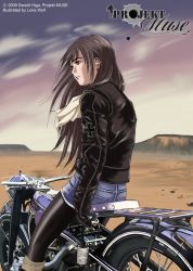 Rule 34 | 1girl, adalwolfa schulman, black hair, brown eyes, brown hair, canyon, cross, denim, denim skirt, desert, female focus, from behind, german text, gloves, iron cross, jacket, leather, leather jacket, lone wolf, long hair, military, motor vehicle, motorcycle, non-web source, pantyhose, projekt muse, rock, skirt, sky, smile, solo, text focus, translated, vehicle, wind