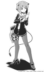 Rule 34 | 1girl, adjusting clothes, adjusting gloves, alternate costume, artist name, bad id, bad twitter id, buttons, cable, choker, collarbone, commentary, dress, expressionless, full body, gloves, greyscale, headgear, kantai collection, katari (ropiropi), long sleeves, monochrome, neckerchief, pantyhose, rudder footwear, sailor collar, sailor dress, short hair, solo, speaking tube headset, torpedo tubes, weapon, yukikaze (kancolle)