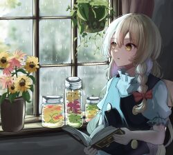 Rule 34 | 1girl, black vest, blonde hair, book, bow, braid, commentary, erisauria, eyelashes, eyes visible through hair, flower, hair between eyes, hair bow, highres, holding, holding book, indoors, jar, kirisame marisa, long hair, looking to the side, no headwear, on chair, open book, parted lips, plant, potted plant, puffy short sleeves, puffy sleeves, rain, red bow, shirt, short sleeves, sidelighting, single braid, sitting, solo, sunflower, touhou, tsurime, turtleneck, upper body, vest, white shirt, window, yellow eyes