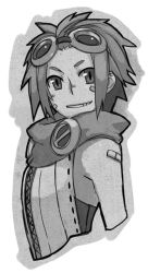 Rule 34 | 1girl, bandaid, bandaid on face, cropped torso, goggles, goggles on head, greyscale, grin, mafin, monochrome, original, rumie, scarf, short hair, smile, solo, upper body