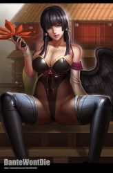 Rule 34 | 1girl, asymmetrical clothes, banned artist, bare shoulders, black hair, boots, breasts, cleavage, dantewontdie, dead or alive, highres, large breasts, leotard, licking lips, long hair, mole, mole under mouth, nyotengu, pantyhose, purple eyes, single sleeve, solo, spread legs, tecmo, thigh boots, thighhighs, tongue, tongue out