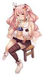 Rule 34 | 1girl, absurdres, amano roze, blunt bangs, breasts, brown skirt, brown thighhighs, choker, cleavage, collarbone, commentary request, cup, doughnut hair ornament, drinking, drinking straw, food-themed hair ornament, full body, hair ornament, highres, holding, holding cup, huge breasts, kannko bokujou, long hair, looking at viewer, orange eyes, original, pink hair, shoes, simple background, single thighhigh, sitting, skirt, solo, thighhighs, thighs, twintails, white background, white footwear