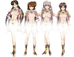 Rule 34 | 4girls, barefoot, barefoot sandals (jewelry), barubaresu no musume, blue eyes, bottomless, bow (weapon), breastless clothes, breasts, breasts apart, brown eyes, brown hair, cape, censored, female pubic hair, hand on own hip, headband, legs, medium breasts, multiple girls, nipples, ponytail, pubic hair, pussy, small breasts, smile, toeless legwear, urushihara satoshi, weapon, white hair