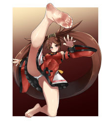 Rule 34 | 1girl, bare legs, bare shoulders, barefoot, blush, border, breasts, brown eyes, brown hair, china dress, chinese clothes, detached sleeves, dress, eiji (eiji), feet, fighting stance, foot focus, foreshortening, guilty gear, guilty gear xrd, hair ornament, hairclip, highres, kuradoberi jam, leg up, long hair, medium breasts, nail polish, panties, simple background, skirt, soles, solo, thighs, toes, underwear, very long hair, white background, white border, white panties, wide sleeves