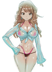 Rule 34 | 1girl, basara, bikini, breasts, brown hair, cameltoe, cleavage, earrings, front-tie top, highres, huge breasts, jewelry, large breasts, long hair, navel, original, see-through, simple background, solo, swimsuit, white background