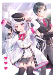 Rule 34 | 1boy, 1girl, :o, arm up, black bow, black hair, black headwear, black jacket, black thighhighs, blue eyes, blush, bow, closed mouth, collarbone, commentary request, crossed arms, garter straps, grey hair, grey pants, gun, hair between eyes, hand up, hat, highres, holding, holding gun, holding weapon, jacket, kohinata hoshimi, long hair, long sleeves, necktie, open mouth, original, pants, peaked cap, red eyes, red necktie, shirt, striped, striped bow, sweat, thighhighs, two side up, very long hair, weapon, white jacket, white shirt