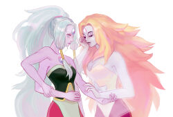 2girls black_eyes blonde_hair blue_eyes ddadong extra_arms extra_eyes gradient_hair leotard long_hair looking_at_viewer multicolored_hair multiple_girls opal_(steven_universe) pink_hair rainbow_quartz steven_universe very_long_hair white_hair