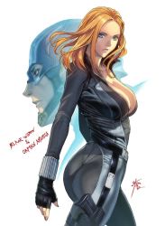 Rule 34 | 1boy, 1girl, animification, ass, black widow, blonde hair, blue eyes, breasts, captain america, captain america: the winter soldier, captain america (series), catsuit, character name, cleavage, collarbone, english text, fingerless gloves, gloves, gun, handgun, helmet, high collar, holster, homare (fool&#039;s art), large breasts, lips, marvel, marvel cinematic universe, natasha romanoff, pistol, red hair, solo focus, steve rogers, thigh holster, weapon