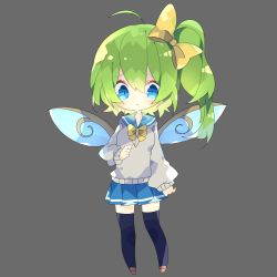 Rule 34 | 1girl, ahoge, alternate costume, black thighhighs, blue eyes, blue skirt, bow, brown footwear, chibi, commentary request, contemporary, daiyousei, fairy wings, full body, green hair, grey background, grey sweater, hair bow, highres, long hair, long sleeves, looking at viewer, nikorashi-ka, pleated skirt, sailor collar, side ponytail, skirt, solo, sweater, thighhighs, touhou, wings, yellow bow, yellow neckwear