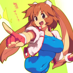 Rule 34 | 1girl, :d, animal ears, breasts, brown eyes, brown hair, commentary request, covered navel, fingerless gloves, gloves, green background, large breasts, long hair, looking at viewer, makihara arina, metata, multicolored hair, open mouth, rabbit ears, rabbit girl, red gloves, smile, solo, teeth, twintails, two-tone hair, upper teeth only, waku waku 7, white background