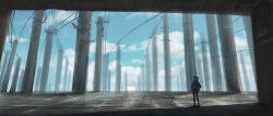 Rule 34 | 1girl, capelet, commentary request, day, facing away, from behind, highres, izna (iznatic), long sleeves, original, outdoors, pants, power lines, scenery, science fiction, short hair, silver hair, solo, standing