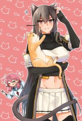 Rule 34 | 2girls, :q, akashi (kancolle), animal, animal ears, animal print, black gloves, blush, breasts, cat, cat ears, cat print, cat tail, closed mouth, fangs, flying sweatdrops, frown, gloves, green eyes, hair between eyes, hair ribbon, highres, holding, holding animal, holding cat, kantai collection, large breasts, long hair, long sleeves, machi (ritovoyage), multiple girls, nagato (kancolle), one eye closed, partially fingerless gloves, pink background, pink hair, pleated skirt, red eyes, ribbon, sailor collar, school uniform, serafuku, simple background, skirt, squiggle, sweat, tail, tongue, tongue out, tress ribbon, twitter username, white skirt, wrench