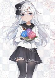 Rule 34 | 1girl, anchor symbol, black hat, black sailor collar, black skirt, black thighhighs, blue eyes, blue flower, bouquet, feet out of frame, flat cap, flower, grey hair, hair between eyes, hammer and sickle, hat, hibiki (kancolle), holding, holding bouquet, kantai collection, long hair, long sleeves, neckerchief, one-hour drawing challenge, parted lips, pleated skirt, red flower, red neckerchief, sailor collar, school uniform, serafuku, skirt, solo, thighhighs, verniy (kancolle), white hat, yamashichi (mtseven)