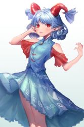 Rule 34 | 1girl, bare shoulders, blue hair, blush, clothing cutout, curly hair, feet out of frame, highres, horns, leste (humansequencer), light blue hair, looking at viewer, parted lips, red eyes, resolution mismatch, sharp teeth, short hair, shoulder cutout, simple background, solo, source smaller, standing, teeth, touhou, toutetsu yuuma, white background