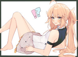 Rule 34 | !?, 1girl, ahoge, artoria caster (fate), artoria caster (first ascension) (fate), artoria pendragon (fate), barefoot, blonde hair, blush, breasts, dress, fate/grand order, fate (series), green eyes, grey skirt, knees up, long hair, looking at viewer, looking back, lying, on back, open mouth, skirt, sleeveless, sleeveless dress, small breasts, solo, twintails, uxco0, white dress